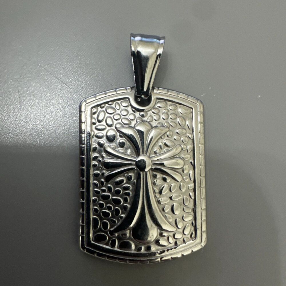 Stainless Steel Cross Pendant Dog Tag Style Silver Plated 24 Inch Chain Jesus